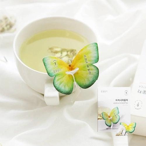 Top view of a neatly arranged Acacia Butterfly Teabag box with the butterfly design, creating a harmonious and visually appealing presentation.
