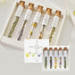 A close-up view of the Assorted Flower Tea Sticks Gift Set arranged on a flat surface, with the glass test tube containing the tea sticks in focus. The distinct flower-shaped tea sticks are highlighted, showing their vibrant colors and delicate craftsmanship. The gift box is neatly positioned beside the test tube, showcasing the luxurious and thoughtful packaging. The background remains neutral to keep the focus on the product.