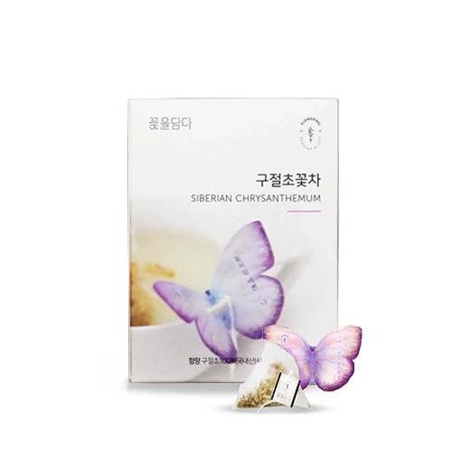 A box of Siberian Chrysanthemum Butterfly Teabags with a butterfly-shaped holder visible on the front. The box features elegant packaging with natural tones and a clean, minimalistic design.