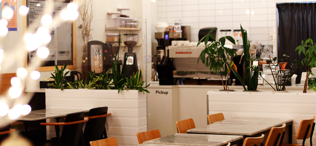 A cozy interior of C Market Coffee, showcasing warm ambient lighting, stylish wooden tables, and comfortable seating arrangements that create an inviting and relaxed atmosphere for customers.