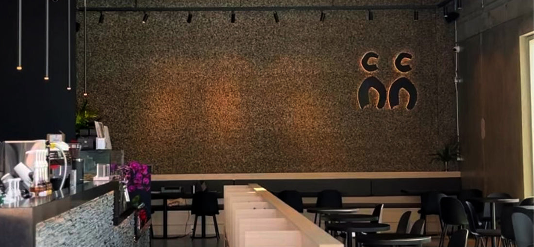 Eye-catching wall design at C Market Coffee in Pitt Meadows, featuring a blend of modern art, sleek finishes, and thoughtful details that complement the café's contemporary and welcoming atmosphere.