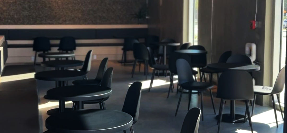 Comfortable and stylish seating at C Market Coffee in Pitt Meadows, featuring modern chairs and cozy benches that invite customers to relax and enjoy their coffee in a chic, welcoming environment.